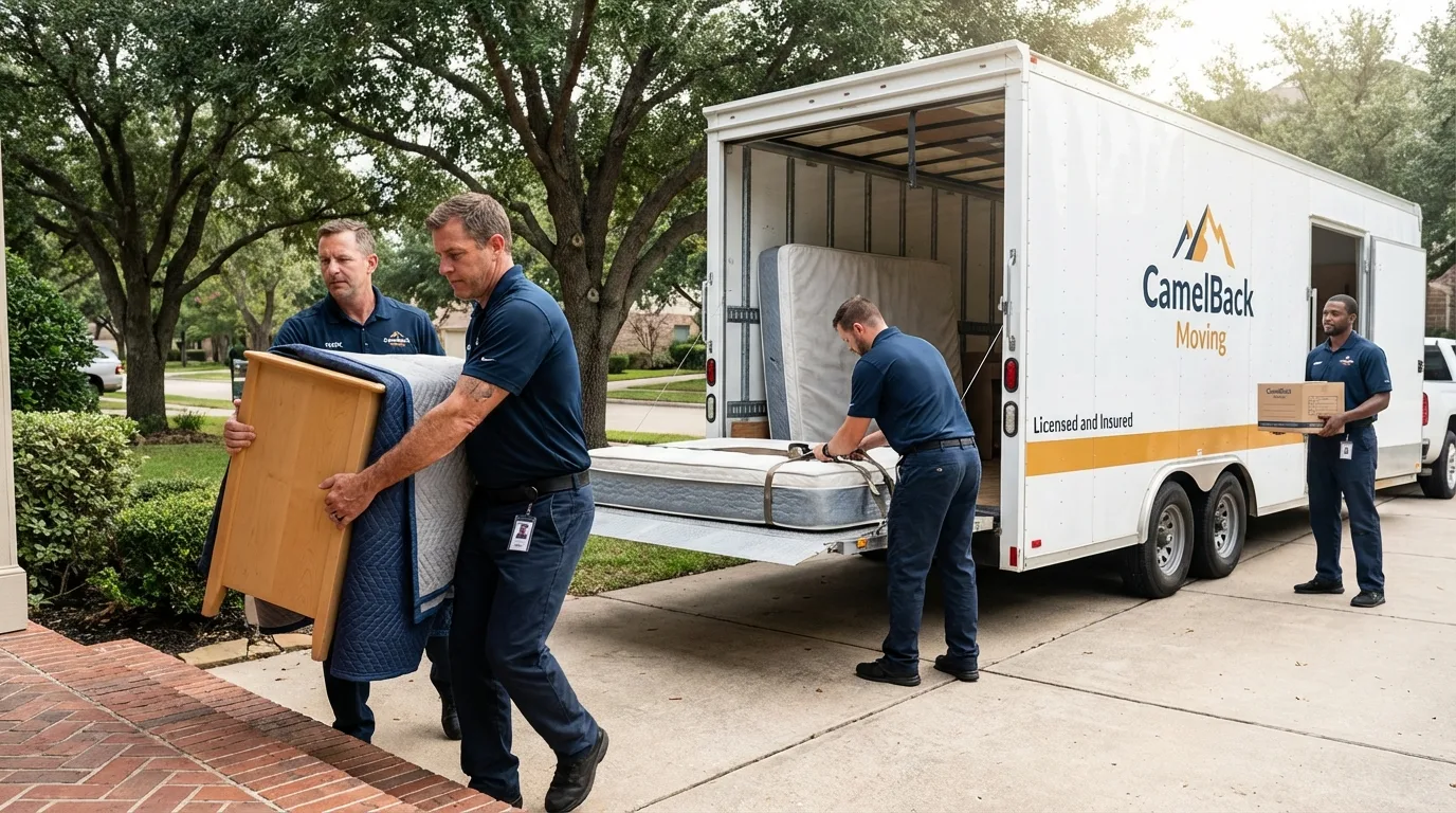 Crew loading residential truck for cross-state move from Portland, OR