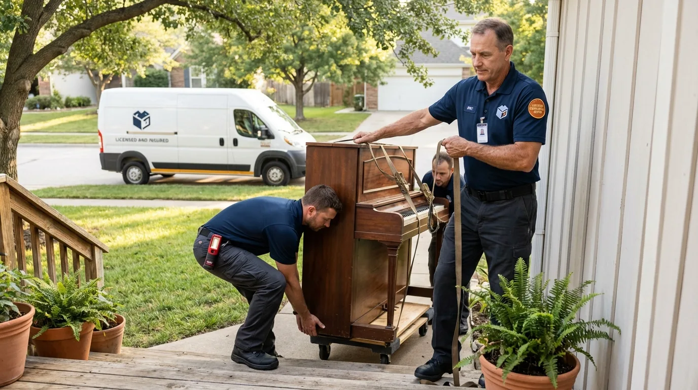 Licensed piano movers securing grand piano in Portland, OR
