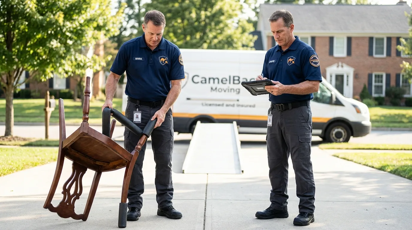 Movers inspecting furniture for damage prevention before loading in Portland, OR