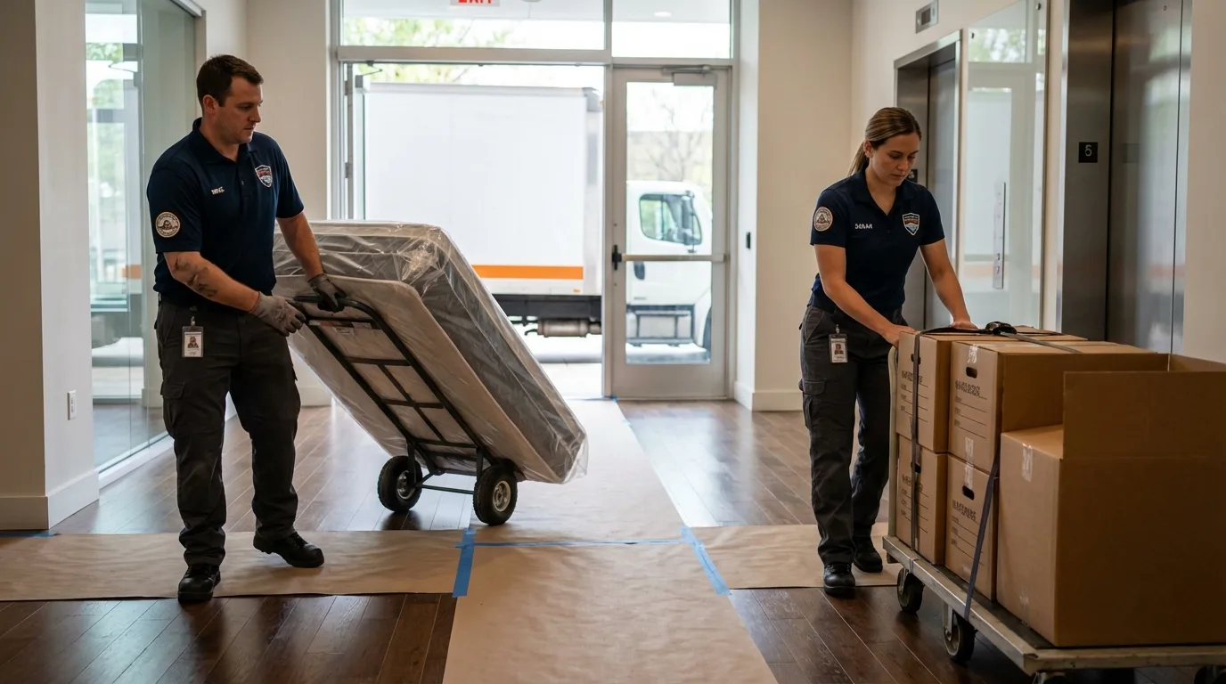 Professional apartment movers loading elevator in Portland, OR