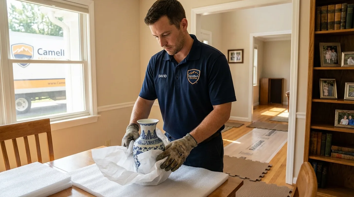 Professional crew carefully wrapping antique vase for senior downsizing move in Portland, OR